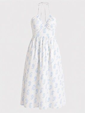 White & Blue Paisley Halter Neck Dress